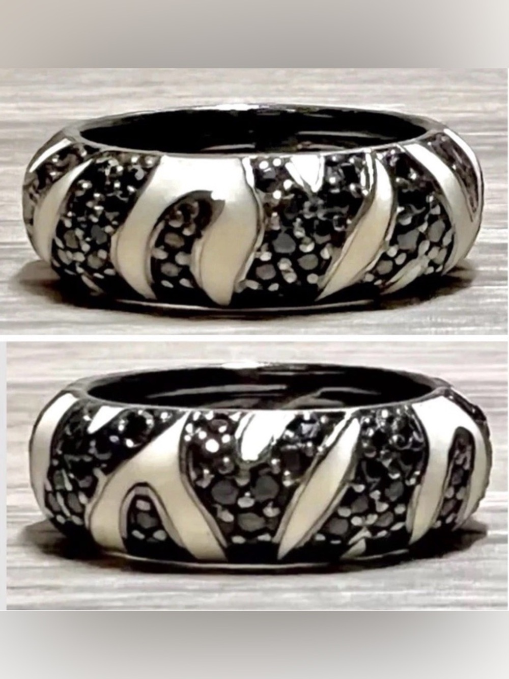 Designer Hidalgo Sterling Silver & White Enamel Black Pave CZ Band Ring, Size 5